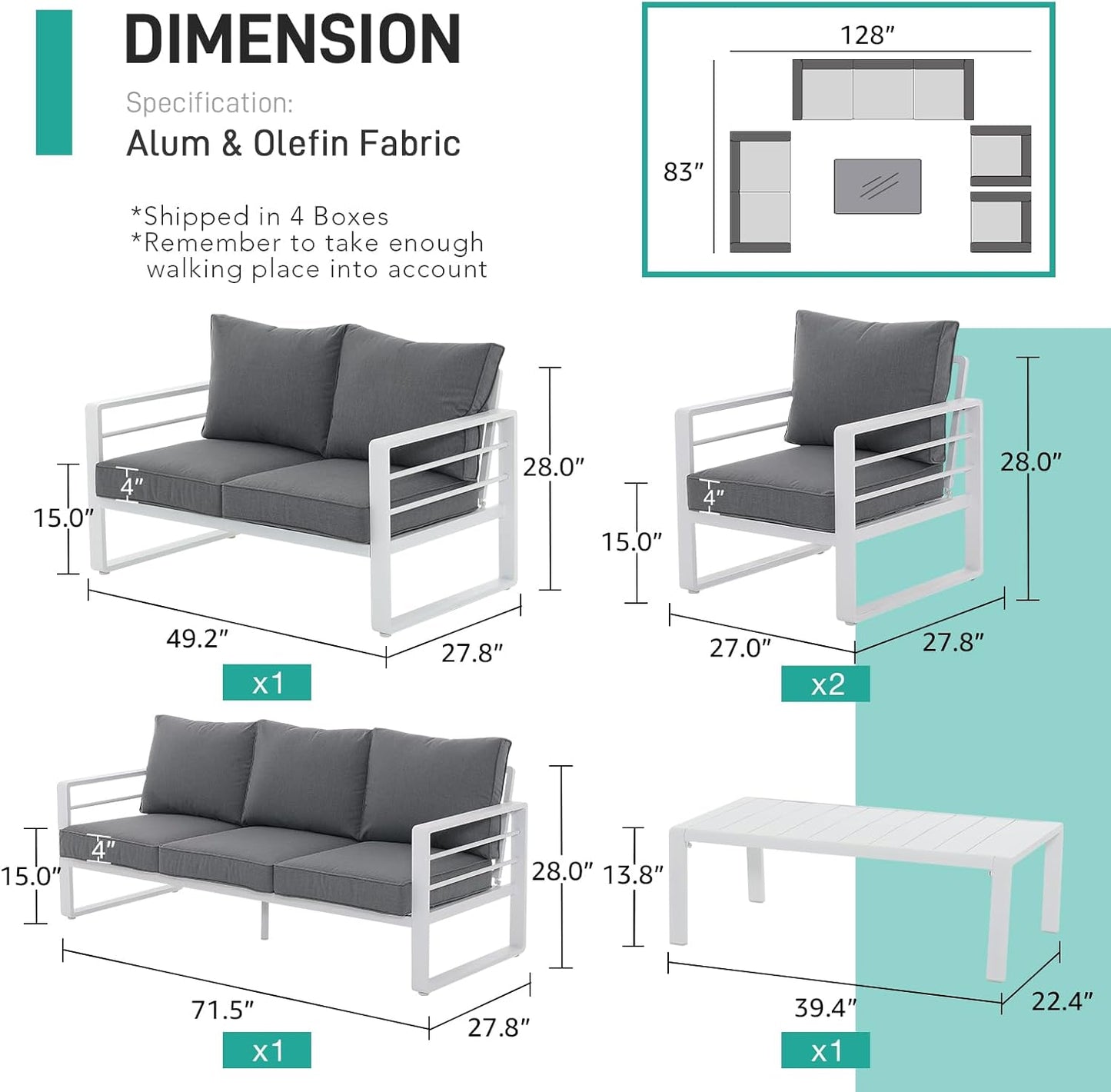 Patiorama Aluminum Patio Furniture Set, 5 PCS Modern Patio Conversation Set, All Weather White Outdoor Sectional Sofa Set w/Coffee Table, Patio Seating Set, Olefin Cushion, Garden-Grey Cushion