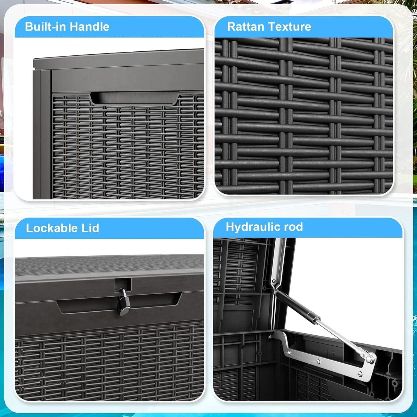 102 Gallon Outdoor Storage Box Waterproof, UV Resistant Resin Deck Box with Hydraulic Rod, Lockable Design and Enhanced Durability for Patio, Garden, and Poolside Use