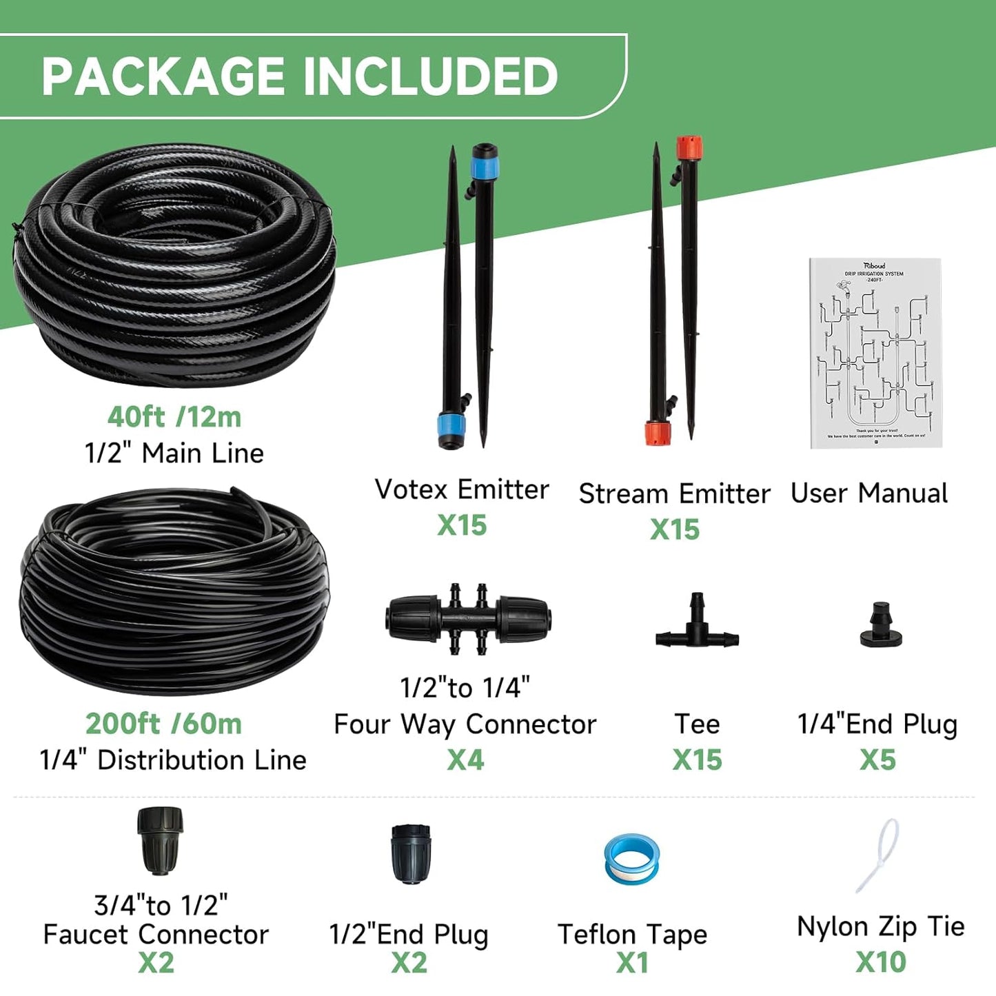 240FT Drip Irrigation System Kit, Automatic Garden Watering System for Plant, Greenhouse, Yard, Lawn, with 1/2 inch 1/4 inch Irrigation Tubing Hose and Accessories