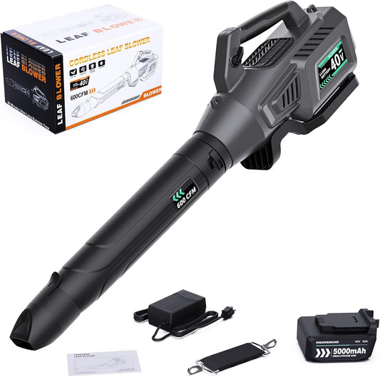 Leaf Blower Cordless, 40V 600CFM &180MPH Electric Leaf Blower with 5.0Ah Battery, Fast Charger and Extension Tube for Blowing Leaves Snow for Yard Garden Lawn Care, Grey