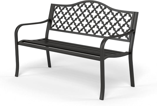 Sophia & William Outdoor Bench, 50 inches Metal Garden Bench, Cast Iron Park Benches for Outside with Floral Backrest and Straight Legs for Porch Yard Lawn Deck,Black