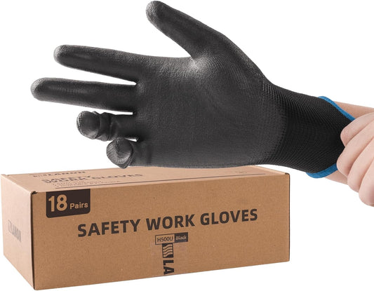 LANON Safety Work Gloves for Men and Women, 18 Pairs Mechanic Black Working Gloves with Grip Odorless PU Coated, Seamless Knit, Full Fingertip Touchscreen for Light Duty Working Gloves, Medium