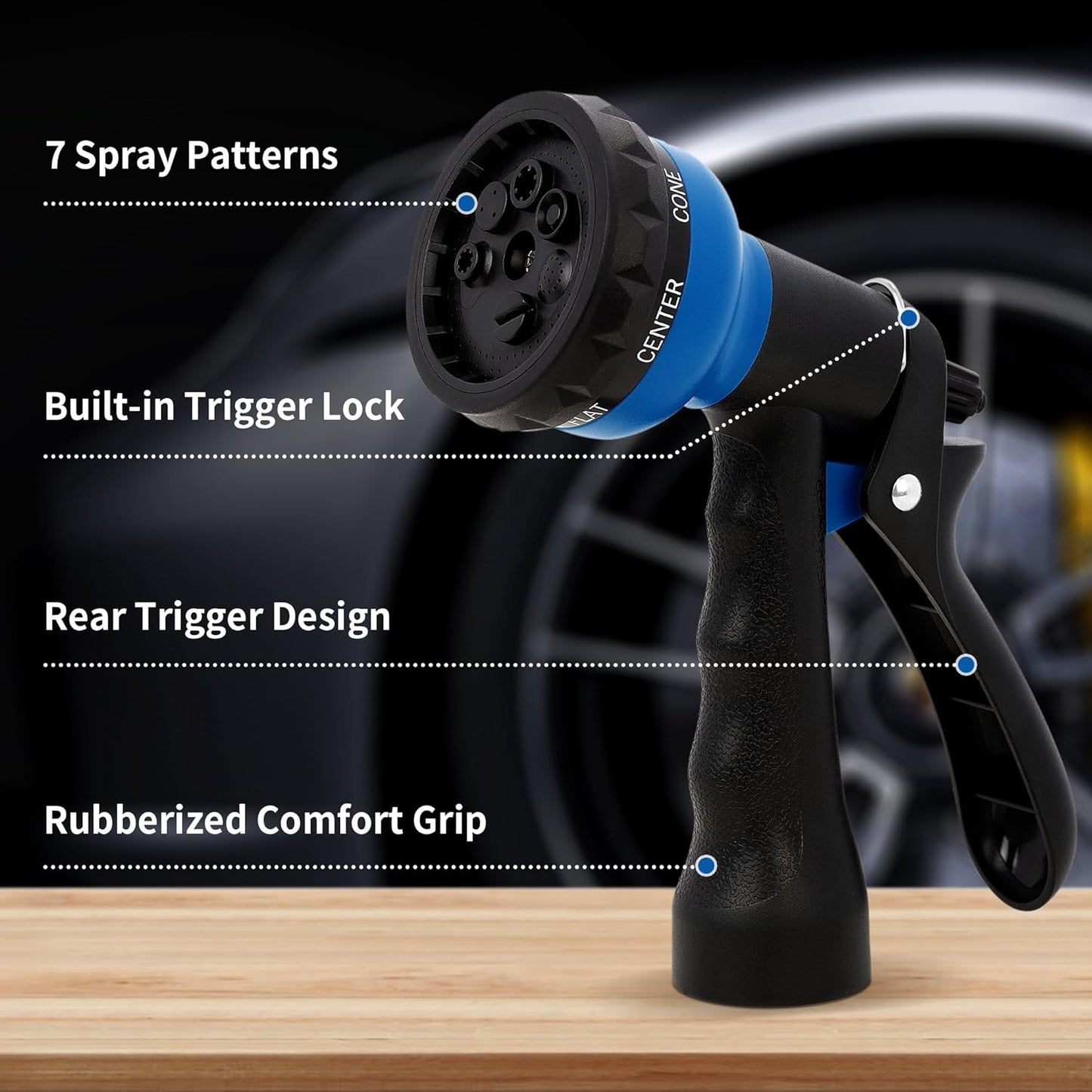 NEXCOVER Garden Hose Nozzle Sprayer - 7 Adjustable Watering Patterns Nozzle for Water Hose, Non-Slip Garden Spray Nozzle for Car Washing, Watering Plants, Pets Showering, Lawns Cleaning, Blue