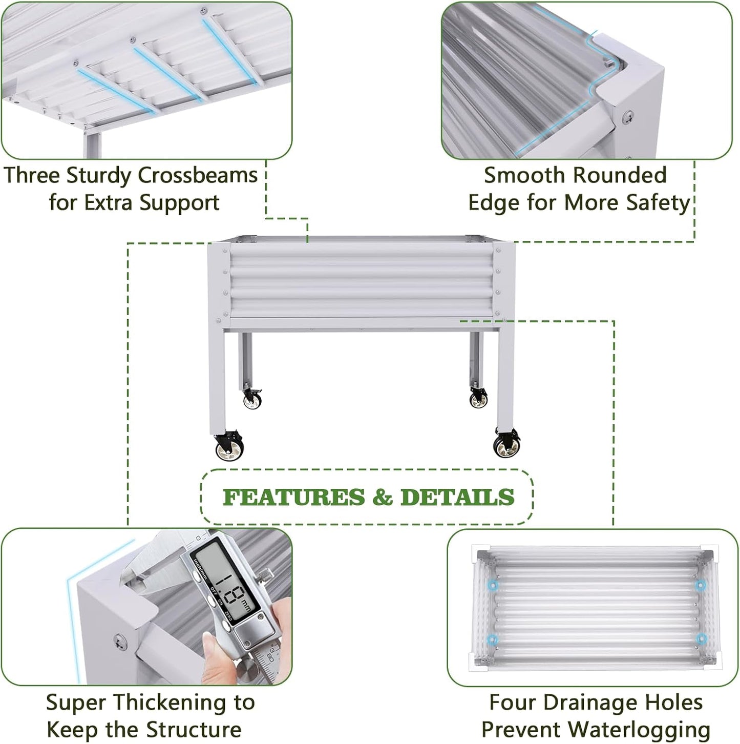 A ANLEOLIFE 4-Set Galvanized Raised Garden Bed with Legs,48x24x35in Large Elevated Planter Box on Wheels with Drainage Holes for Backyard, Balcony, Patio, 600lb Capacity, Antique White