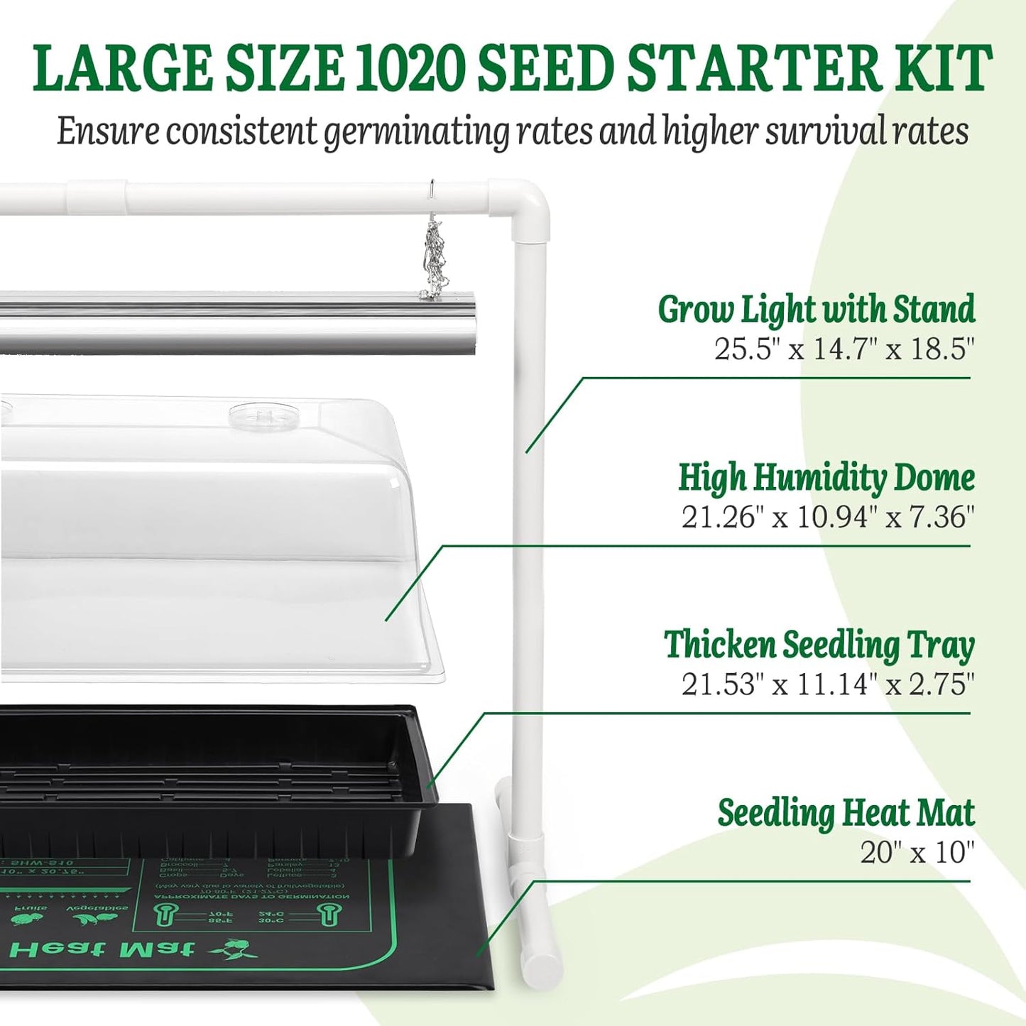 [Upgraded 1020 Size] Soligt Seed Starter Kit with Grow Light and Heat Mat - Strong Seed Starter Tray, 7" Humidity Dome and Grow Light Stand for Seed Starting, Seedling Germinating & Plant Propagating