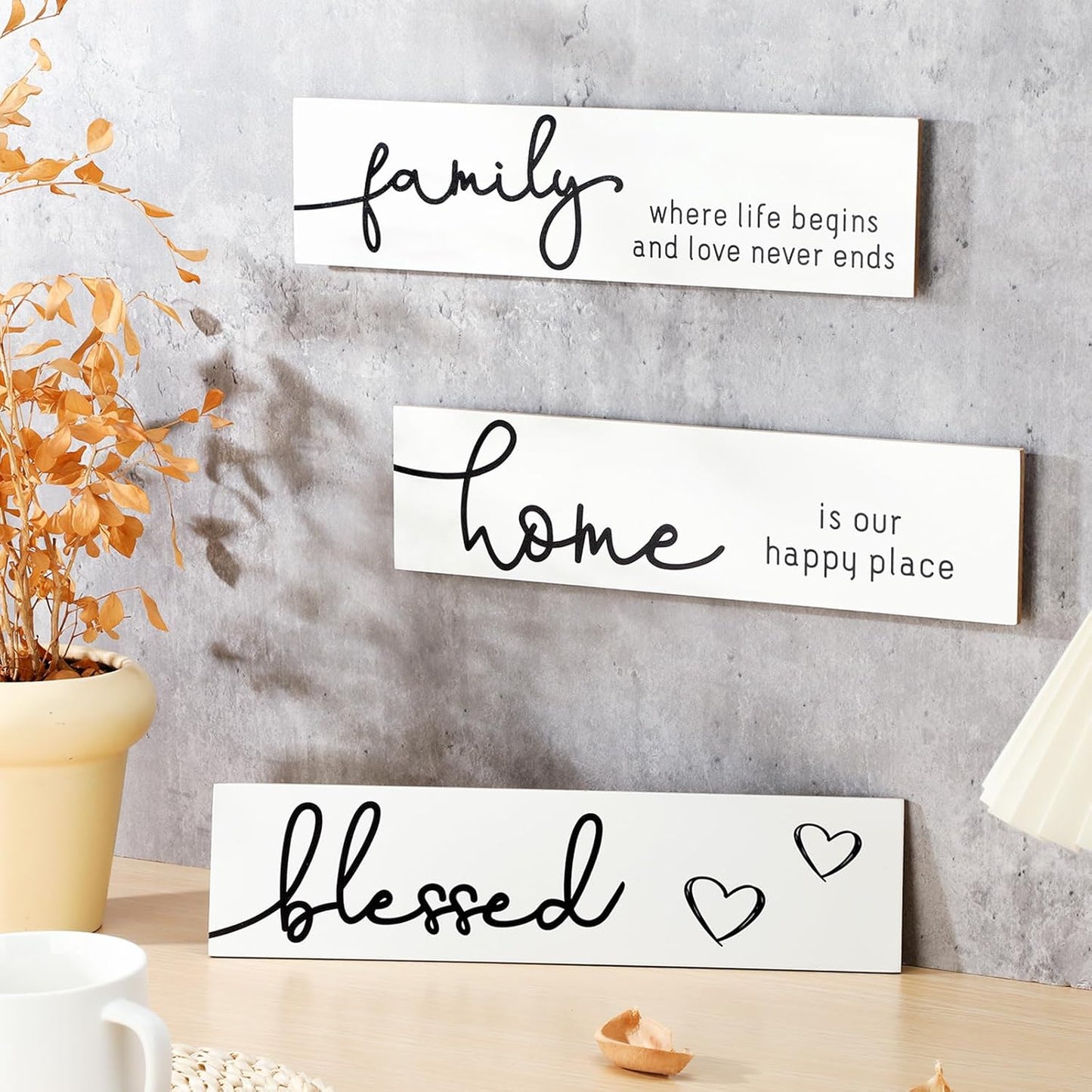 Jetec 3 Pieces Rustic Wood Sign Wall Decor Live Love Blessed Family and Love Quote Sign Farmhouse Wall Mount Decoration for Home Kitchen Living Room, 12 x 3 x 0.2 Inch(White, Black,Novel)