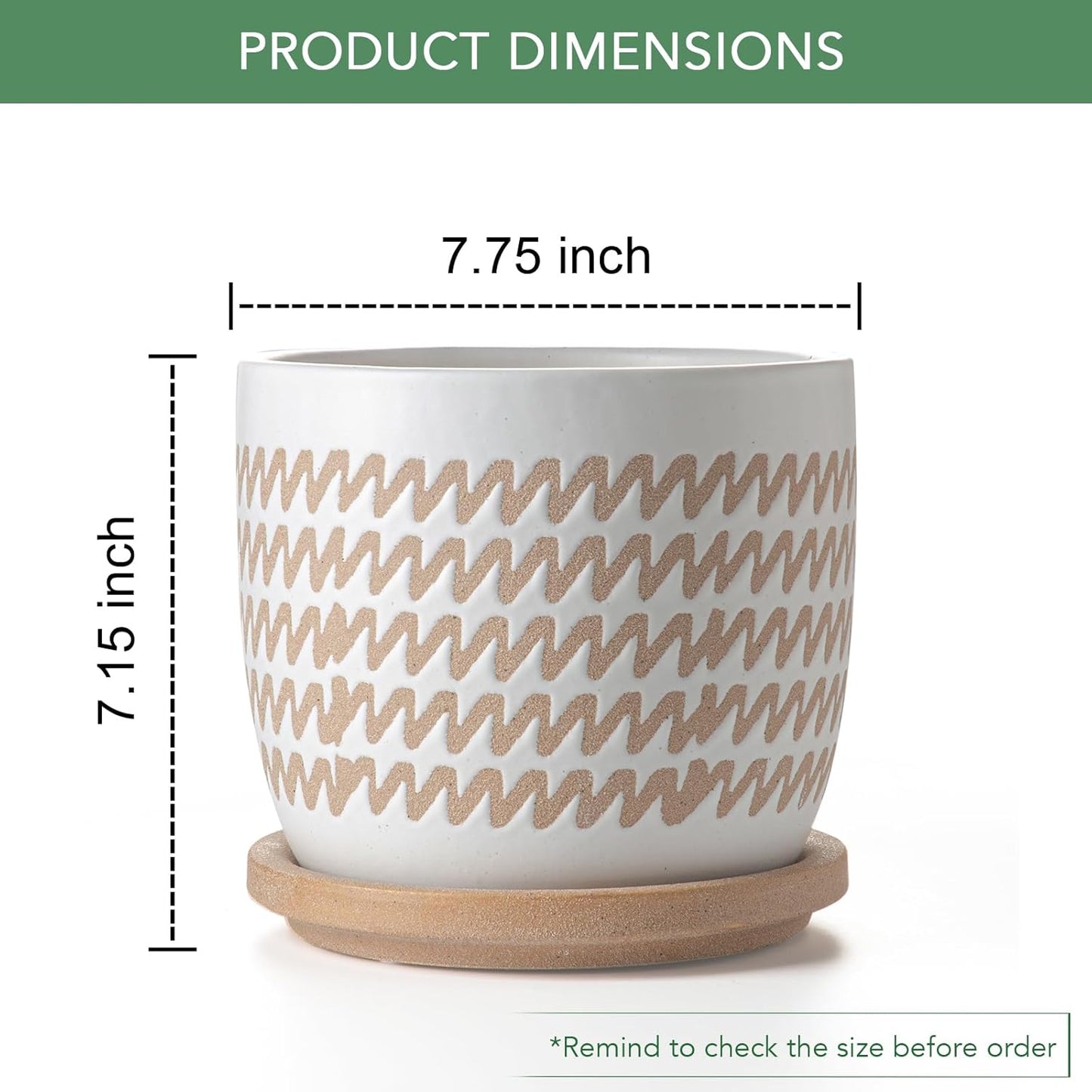 Ceramic Flower Pots Indoor-Outdoor: 7.75 Inch Large Planters with Drainage Holes & Saucer - Modern Decorative Plant Pots Ceramic for Home Gardeners (Wave)