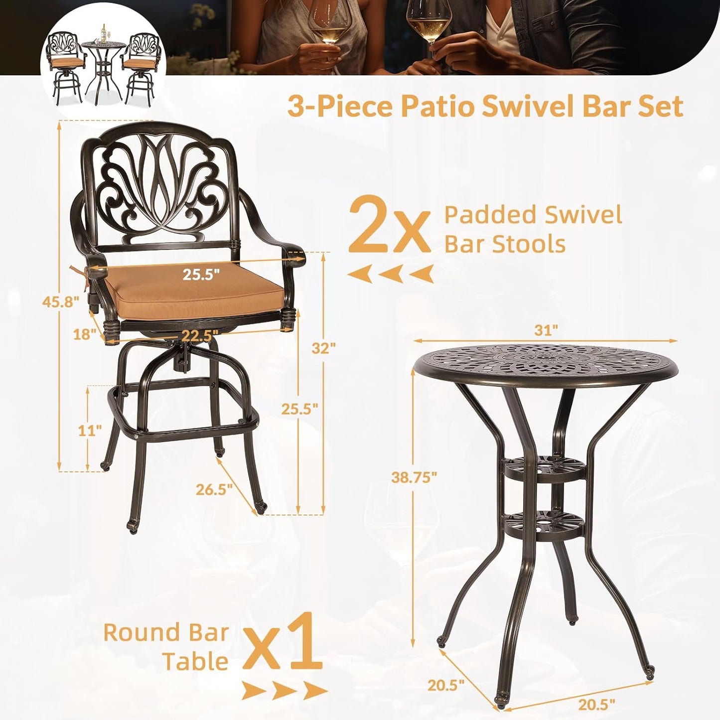 3 Pieces Patio Swivel Bar Set, Patio High Top Bar Table and Chairs Set, All-Weather Cast Aluminum High Swivel Bar Stools Chair Set of 2 and 31" Table, Patio Bistro Set for Garden, Balcony