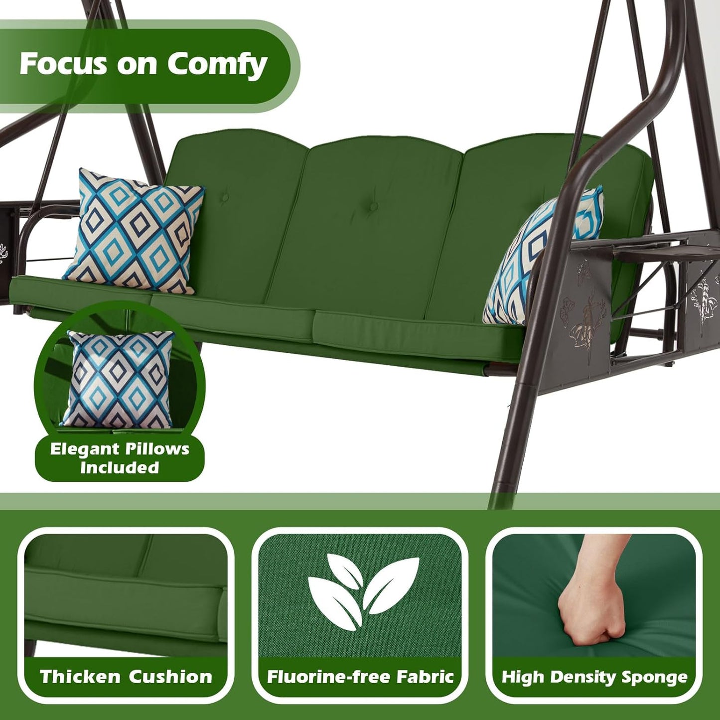 3-Seat Patio Porch Swing 800LBS Outdoor Swing with Stand w/Canopy & Adjustable Backrest Patio Glider Chair w/Removable Pillows & Foldable Side Tray for Balcony Garden Deck (Green)