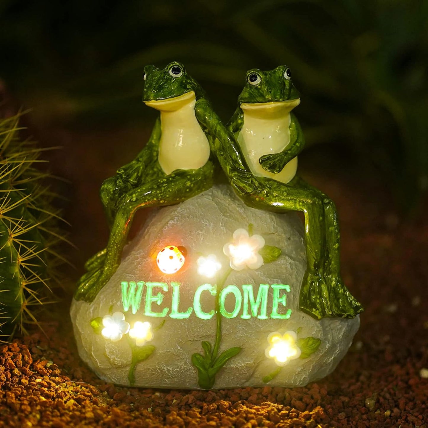 Nacome Garden Outdoor Statues Frog with Succulent and 7 LED Lights - Lawn Decor for Patio, Balcony, Yard Ornament - Unique Housewarming Gifts
