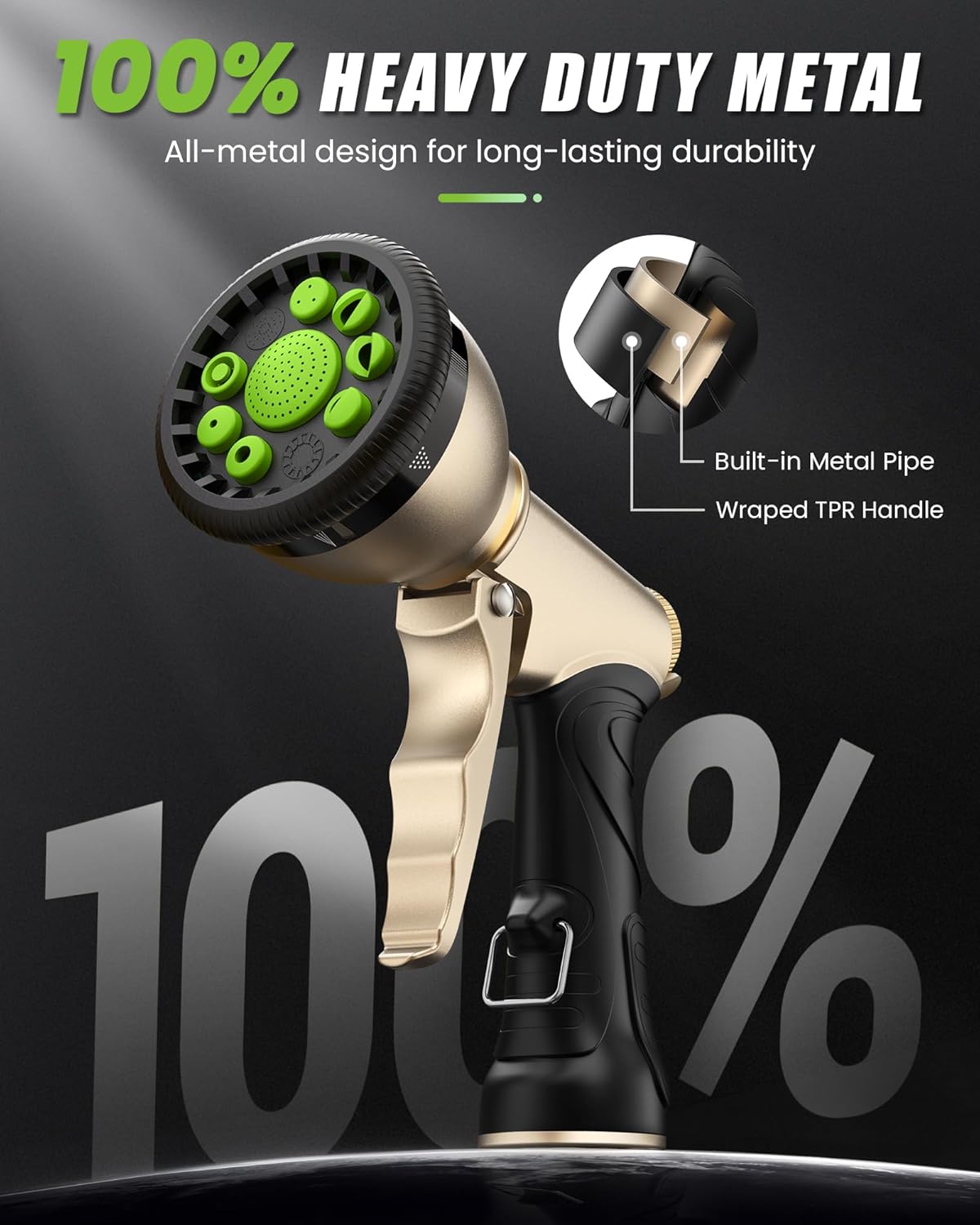 RAINPOINT Garden Hose Nozzle, Hose Sprayer Nozzle with 9 Spray Patterns, High Pressure Water Hose Nozzle Heavy Duty Metal Hand Sprayer, Watering Plants and Lawn, Car Washing, Pet Showering,Green