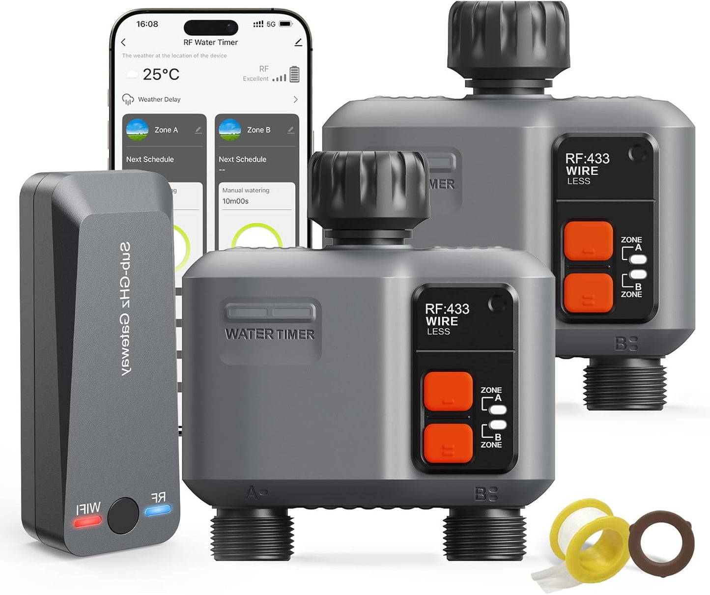 WiFi Sprinkler Timer 2 Zone with 984 Feet RF Gateway, 2 Pack Smart Water Timer for Garden Hose with Rain Delay/Manual/Automatic,WiFi Water Hose Timers for Garden & Lawns