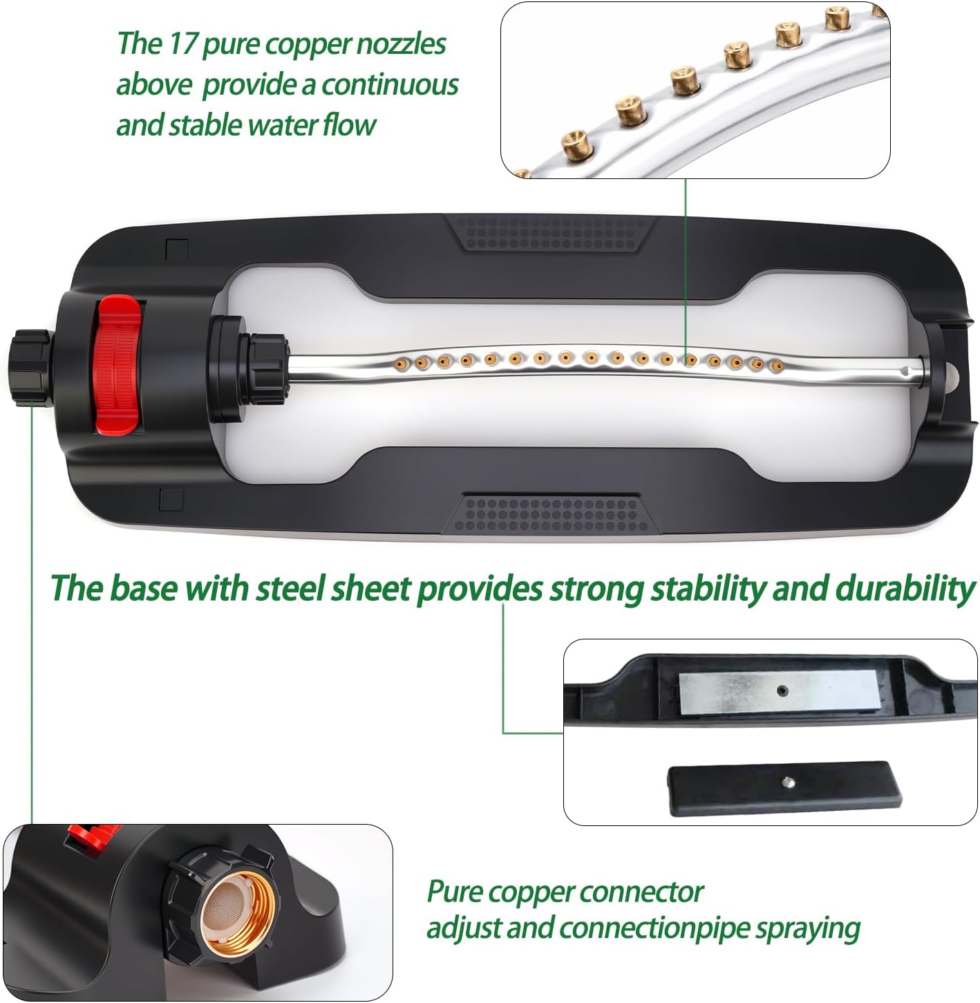 Lawn Sprinkler,Garden Oscillating Sprinkler,17 Brass Nozzles,Heavy Weight Thick and Sturdy Plastics Base with Metal Blocks,Up to 3600 Square Feet,Stable and Durable.
