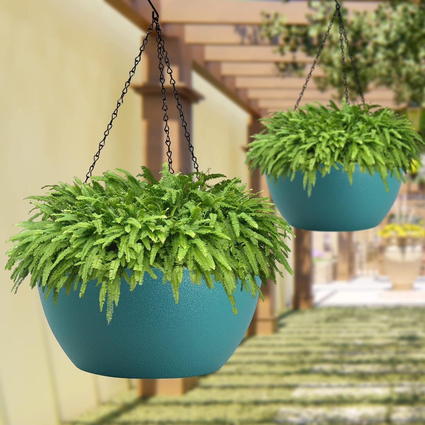 13 inch Large Hanging Planters Plant Pots for Outdoor Indoor Plants with Drainage Holes and Chain, 2 Pack Round Hanging Flower Pots for Garden Home Porch Decor, Blue Green