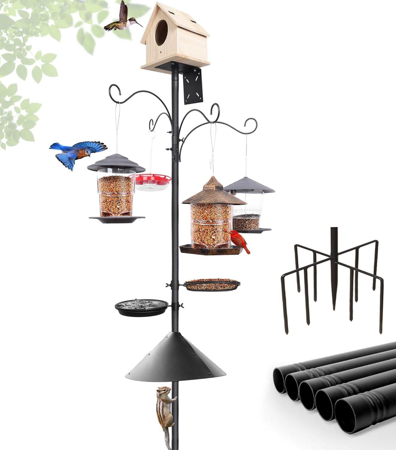 eWonLife 92 Inch Bird Feeder Pole with Squirrel Baffle & Upgraded 9-Prong Base, Adjustable Bird House Pole for Outdoors Heavy Duty, Bird Feeder Stand Post Station with 4 Shepherd Hooks, Birdbath, Tray