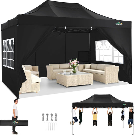 COBIZI 10x15 Pop up Canopy Tent Heavy Duty with 4 Sidewalls, Easy Set-up Commercial Outdoor Party Tent, 100% Waterproof Wedding Canopy Gazebo, 3 Height Adjustable with Handbag, Black