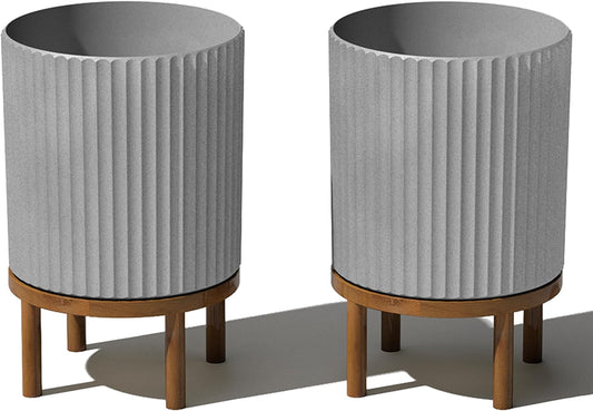 Veradek Demi Series Round Planter w/Stand for Porch/Patio | Durable Plastic-Stone Composite & Wooden Stand | Modern Décor for Tall Plants, Flowers