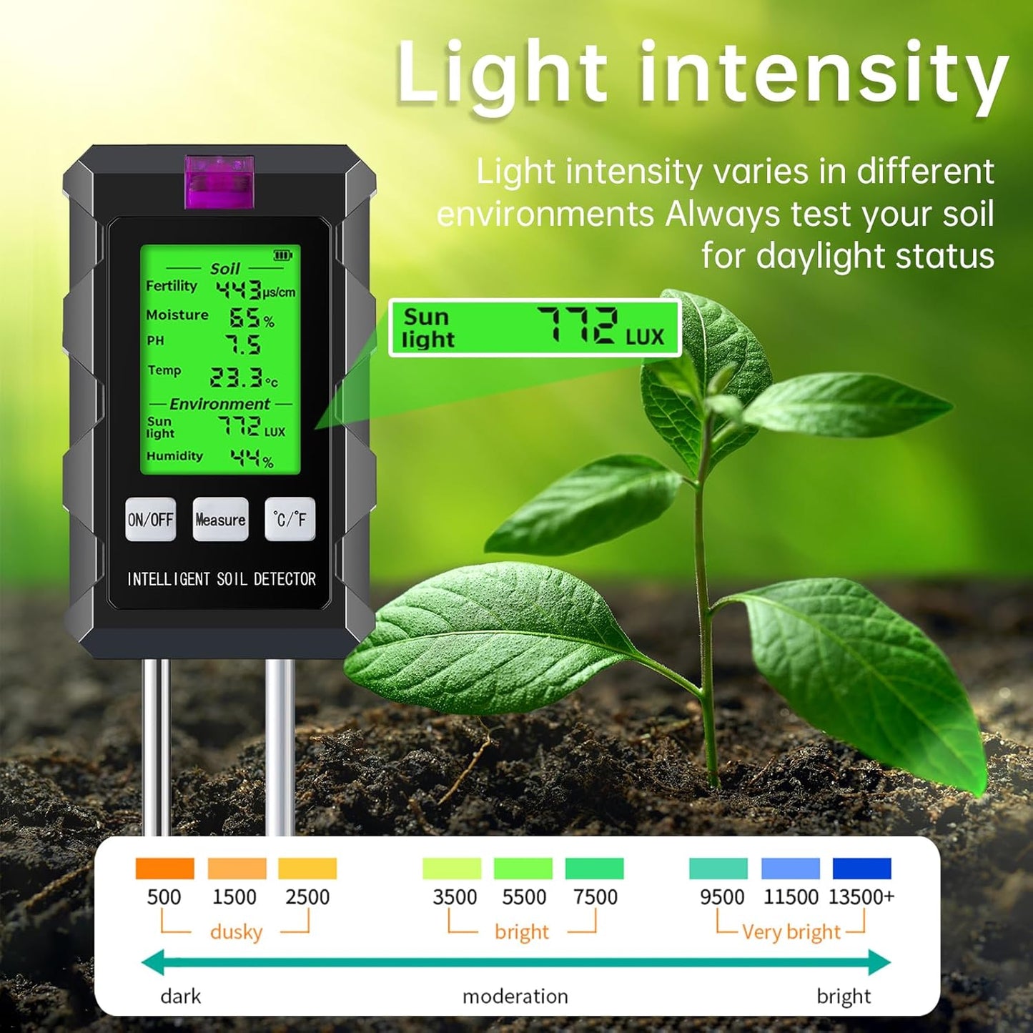 6 in 1 Soil Tester Digital Moisture Meter with Dual Probe, pH/Temperature/Moisture/Sunlight/Air Humidity/Fertility, Soil pH Tester for Farming, Gardening, Lawns and More (2*AAA Battery Needed)