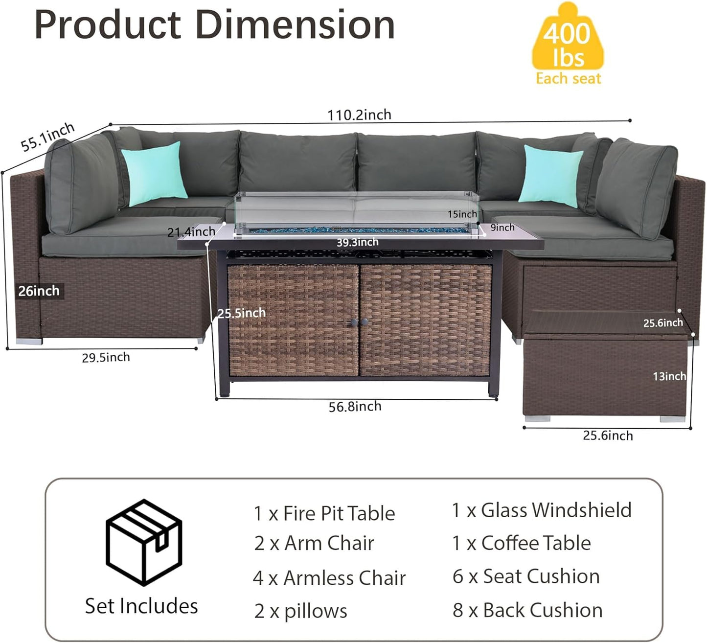25-Pc Patio Furniture Set - 7 Piece Outdoor Rattan Sofa Set with 57" Fire Table and 17 Accessories, Modular Sofa Set for Garden/Poolside, Grey/Brown