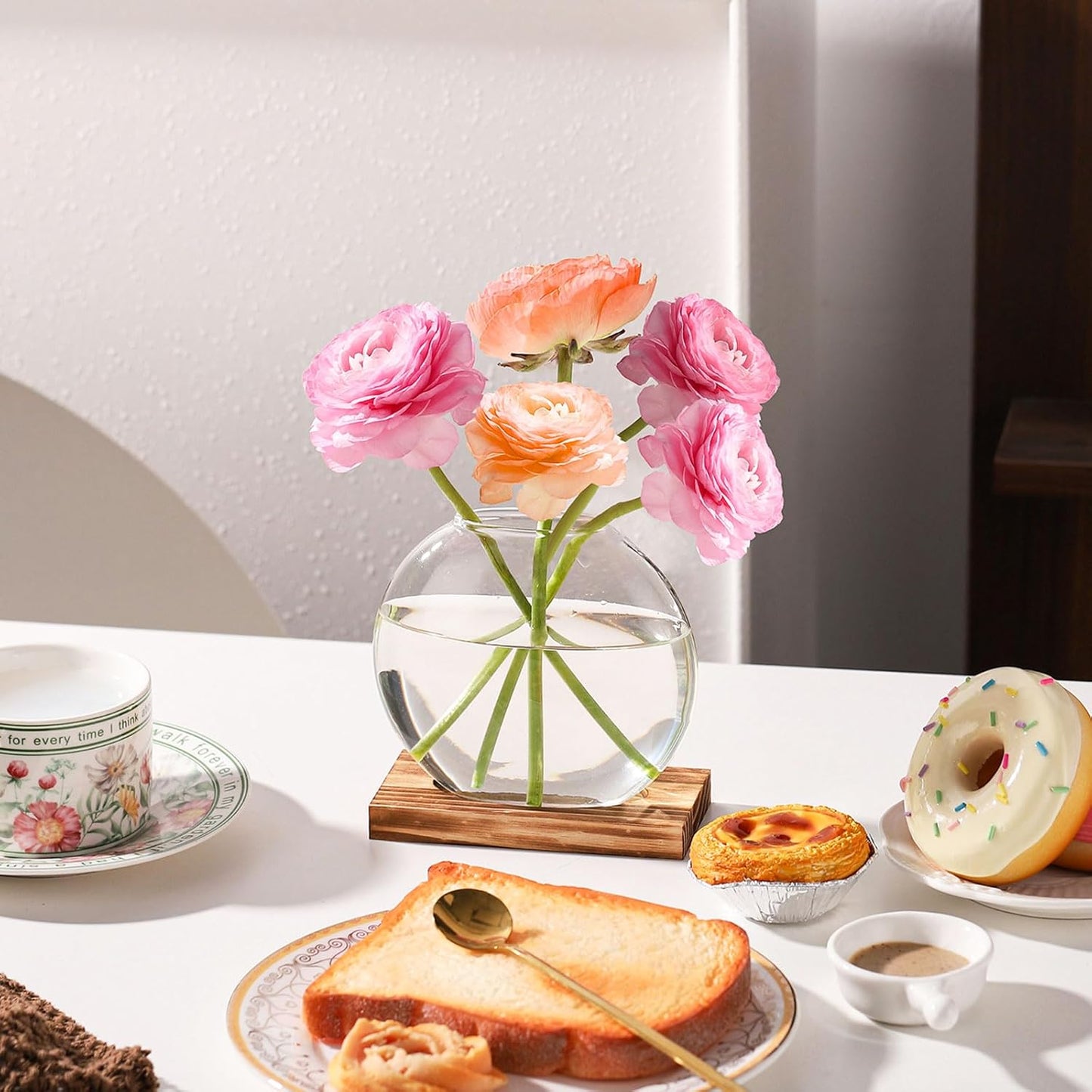 2 Pack Plant Propagation Station with Wooden Base Glass Terrariums for Indoor Plants Decorative Round Vases for Flowers Hydroponic Planter for Home Office Decor