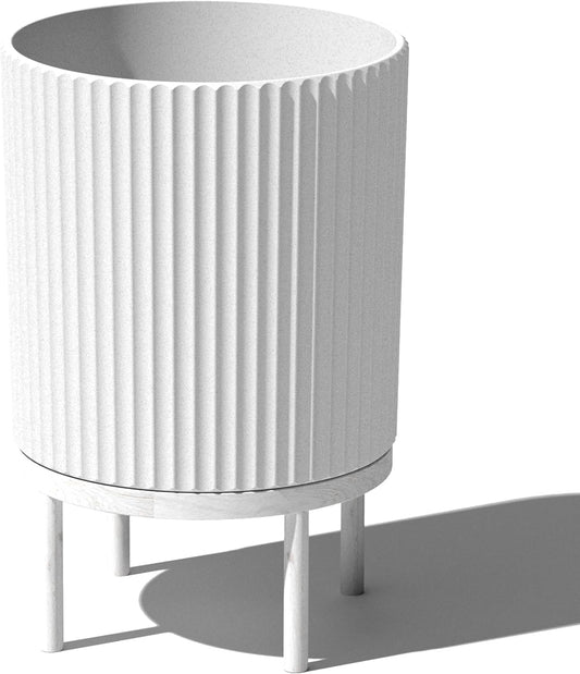 Veradek Demi Series Round Planter w/Stand for Porch/Patio | Durable Plastic-Stone Composite & Wooden Stand | Modern Décor for Tall Plants, Flowers