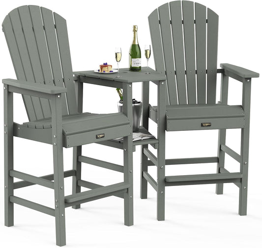 VINGLI Tall Adirondack Chairs Set of 2, HDPE Balcony Chair with Double Connecting Tray Weather Resistant Outdoor Bar Stools for Patio Deck Lawn Pool Backyard (Grey)