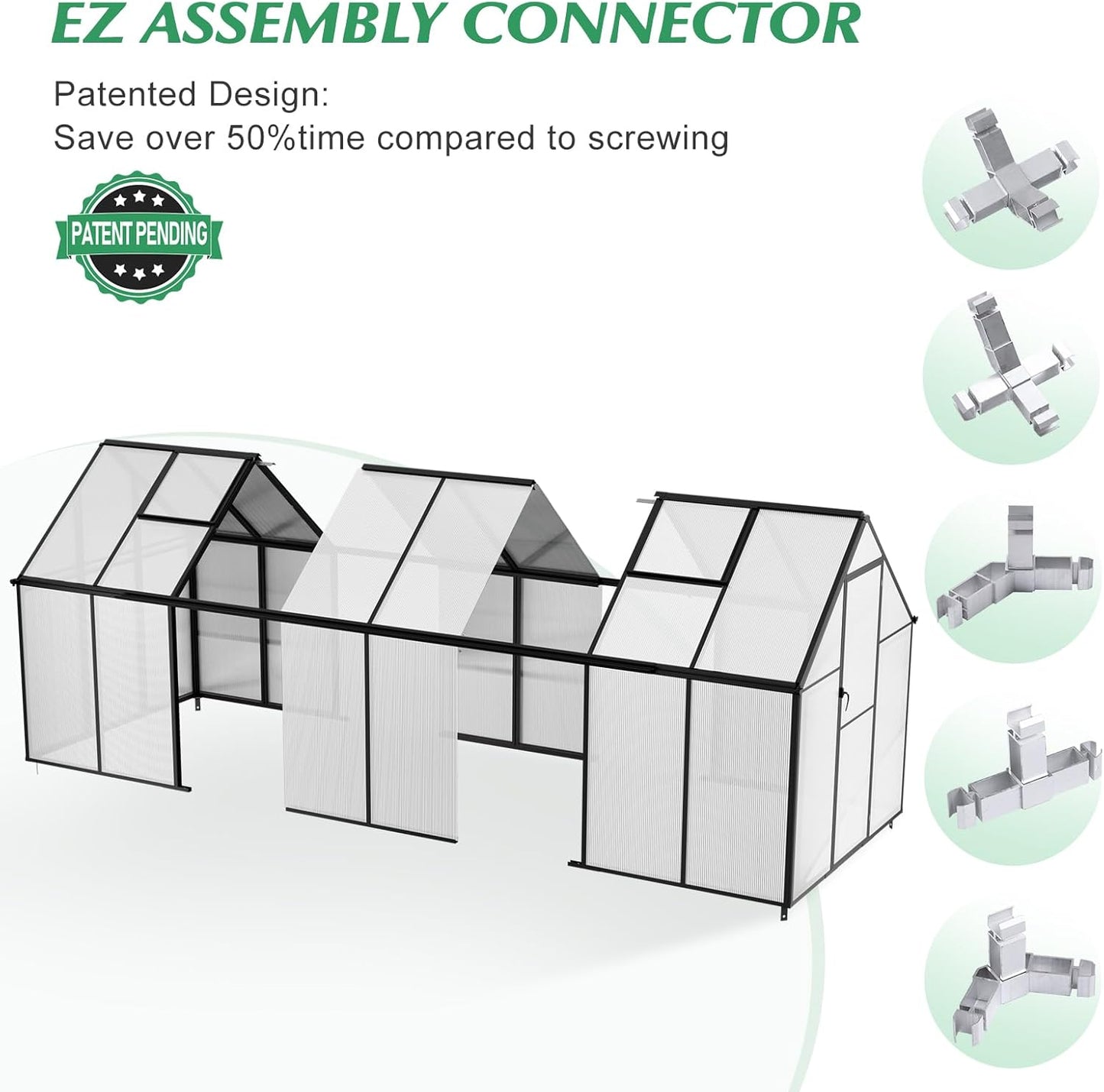 6'x12' Snap-Together Greenhouse - Easy 3-Way Connectors, Heavy-Duty Aluminum Frame, Wind/Snow Resistant for Gardening/Urban Farming, Includes Sliding Door and Ventilation Windows