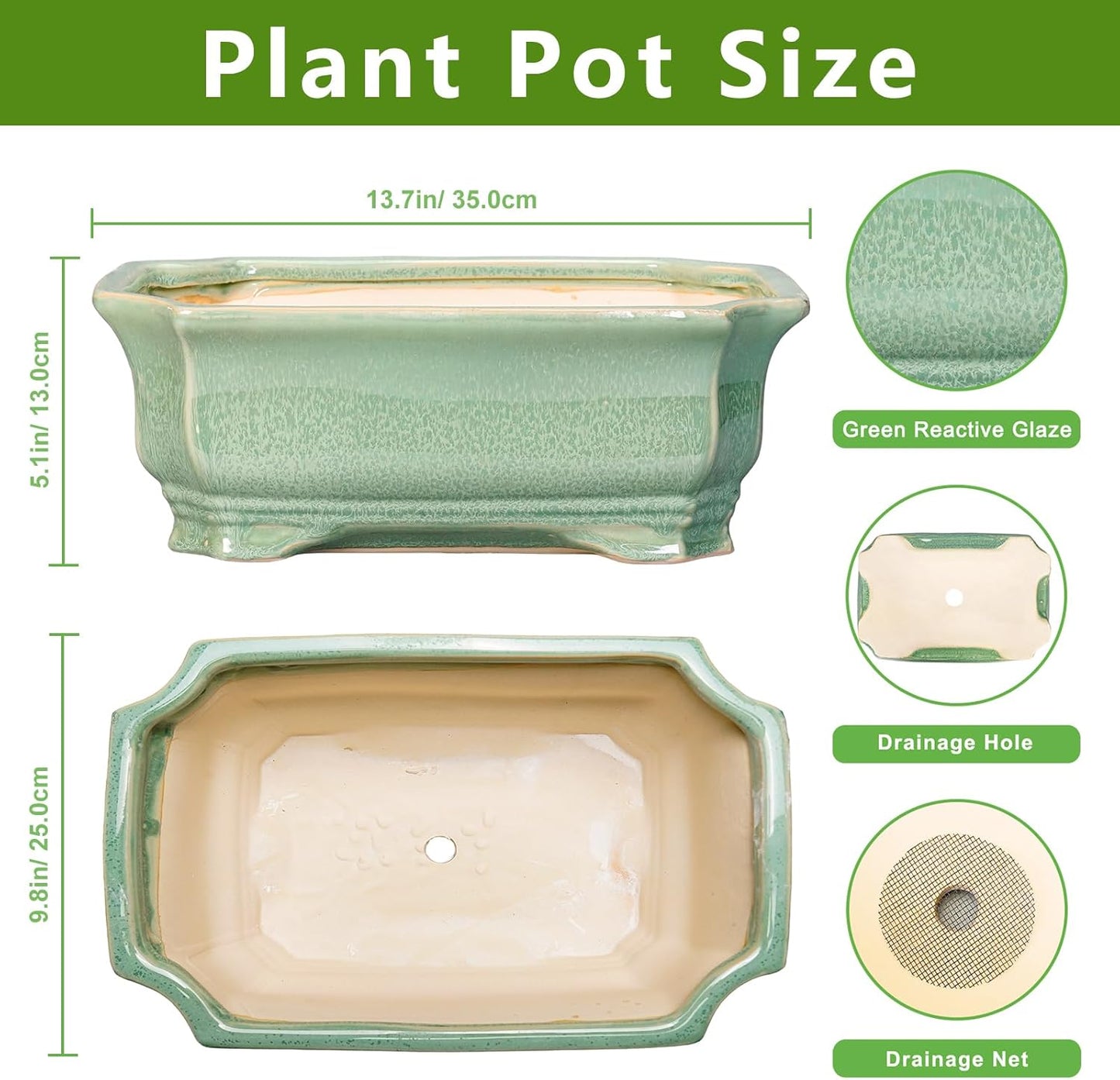 Bonsai Pots - 13.7 Inch Rectangle Ceramic Pots for Plants, Large Succulent Planter with Drainage Hole, Decorative Planters for Indoor Outdoor, Garden House Decor, Housewarming Gifts, Green