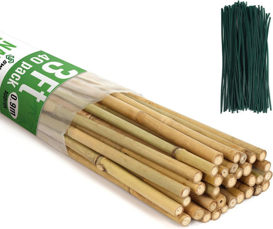 SWANGSA 40 Pack Bamboo Stakes for Plant 3 Feet,Bamboo Sticks Plant Support Garden Stakes Poles with 200pcs Twist Ties for Tomatoes, Beans, Flowers, Potted Plants, Indoor and Outdoor Climbing Plants