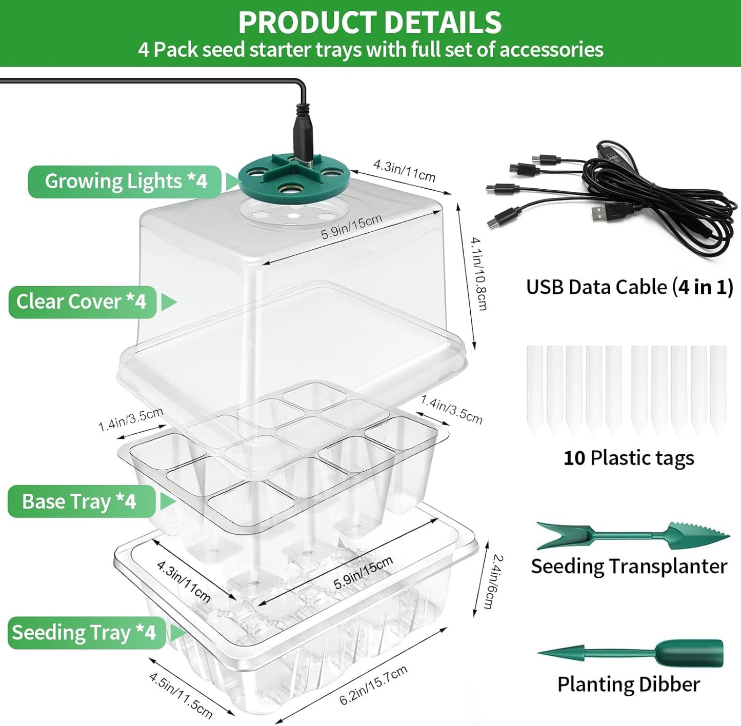 Seed Starter Tray with Plant Light, 2 Pack Grow Lights for Seed Starting Kit with Humidity Domes, Timing Controller Adjustable Brightness for Greenhouse Propagator Station Growing Transparent