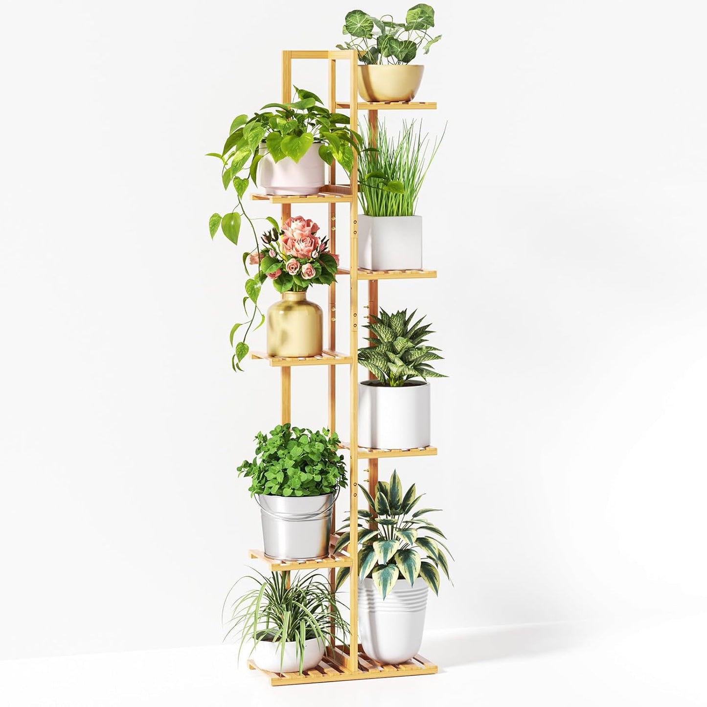 ROSSNY 55 Inch Tall Plant Stand Indoor, 7 Tier 8 Potted Bamboo Plant Stands for Indoor Plants, Corner Plant Stand, Plant Shelf For Indoor, Tiered Plant Stands, Planter Holder for Multiple Plants Indoor, Natural