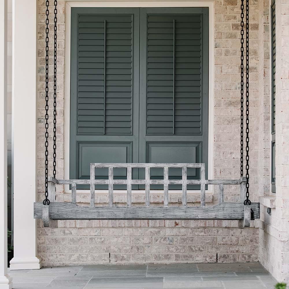 Ash & Ember Grade A Teak Twin Sized Porch Swing with Chain, 75" Wide Antique Finish Teak Wood Bed Frame with Grey Cushions, Weather-Resistant Backyard Benches Swings and Patio Furniture