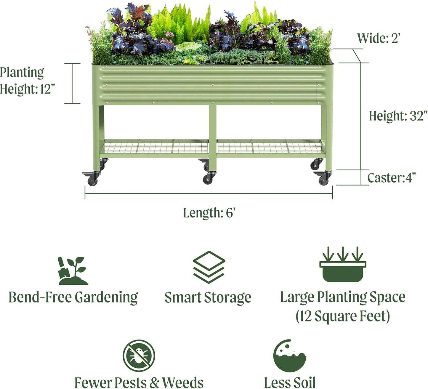 Rolling Elevated Raised Garden Bed-V Series, 2' x 6' Garden Beds with Legs & Storage Rack for Patio & Porch, 1000 Lbs Weight Capacity, Outdoor Planter Box for Vegetables Flower Herbs, Pearl White