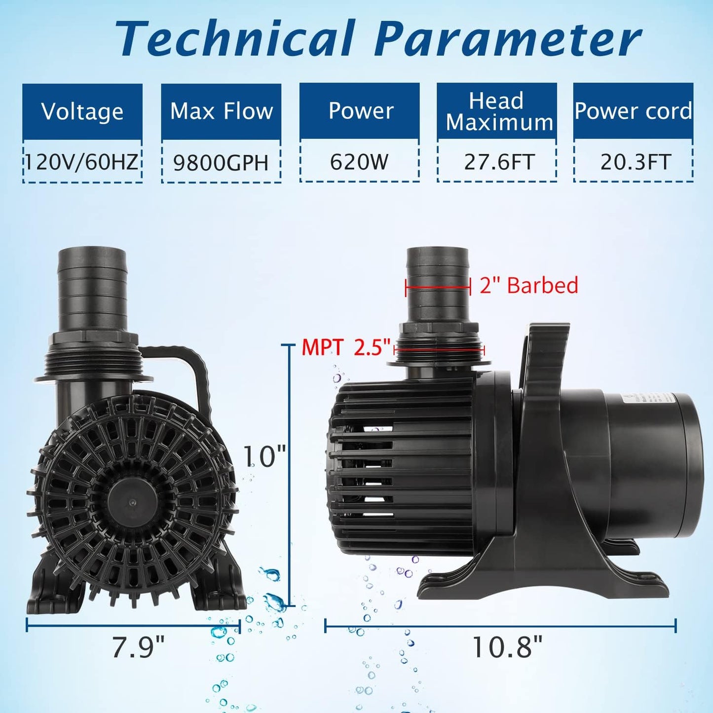 WaterRebirth (9800GPH-620W,UL listed) High Flow Submersible Pond Water Aquarium Pump Multi Scenario Application