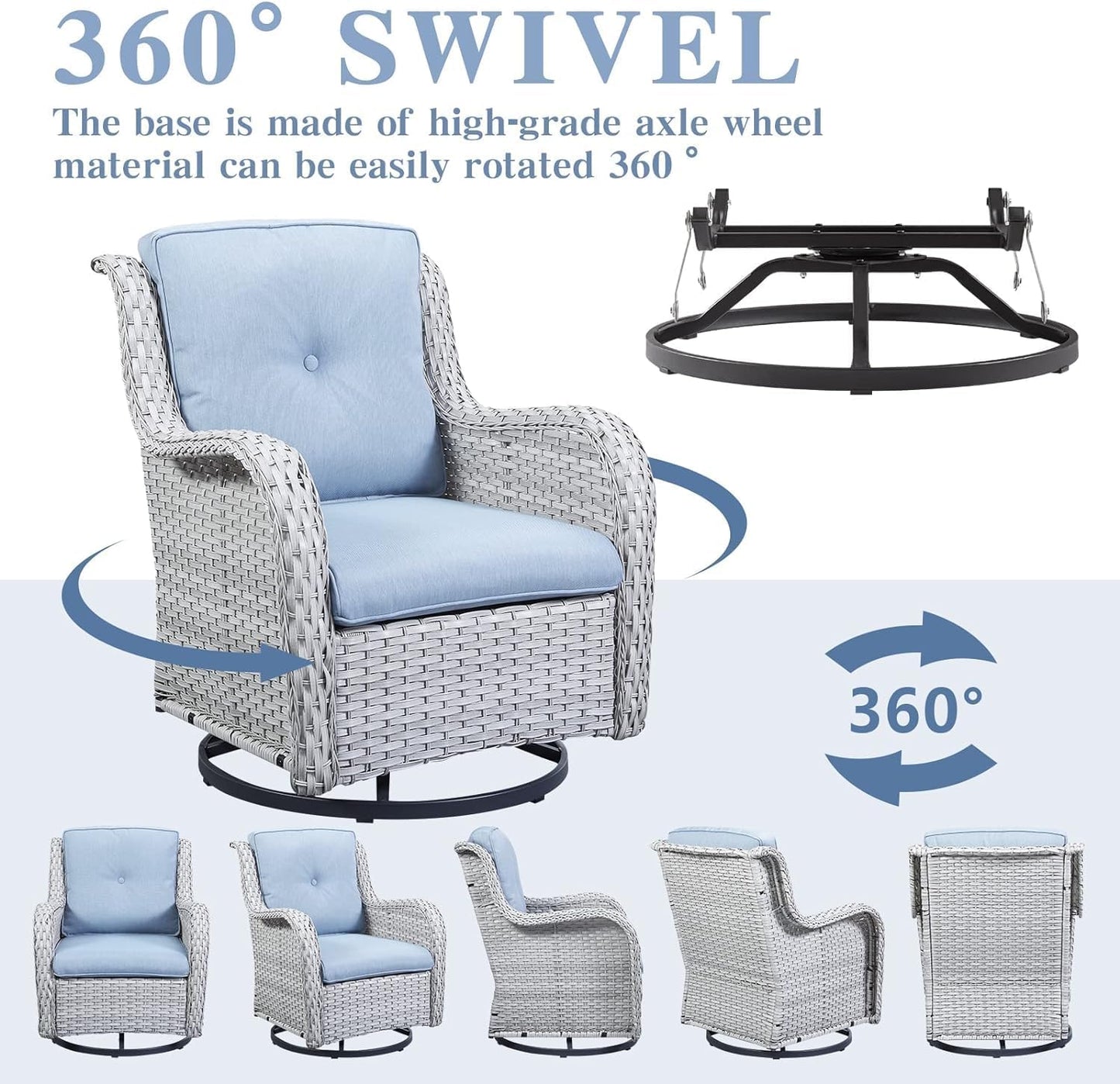 Wicker Patio Furniture Sets - 8 Piece Outdoor Rattan Furniture Conversation Sets with 4 Swivel Rocker Chairs, Rattan Sofa, Wicker Ottomans and Coffee Table, Light Grey/Baby Blue