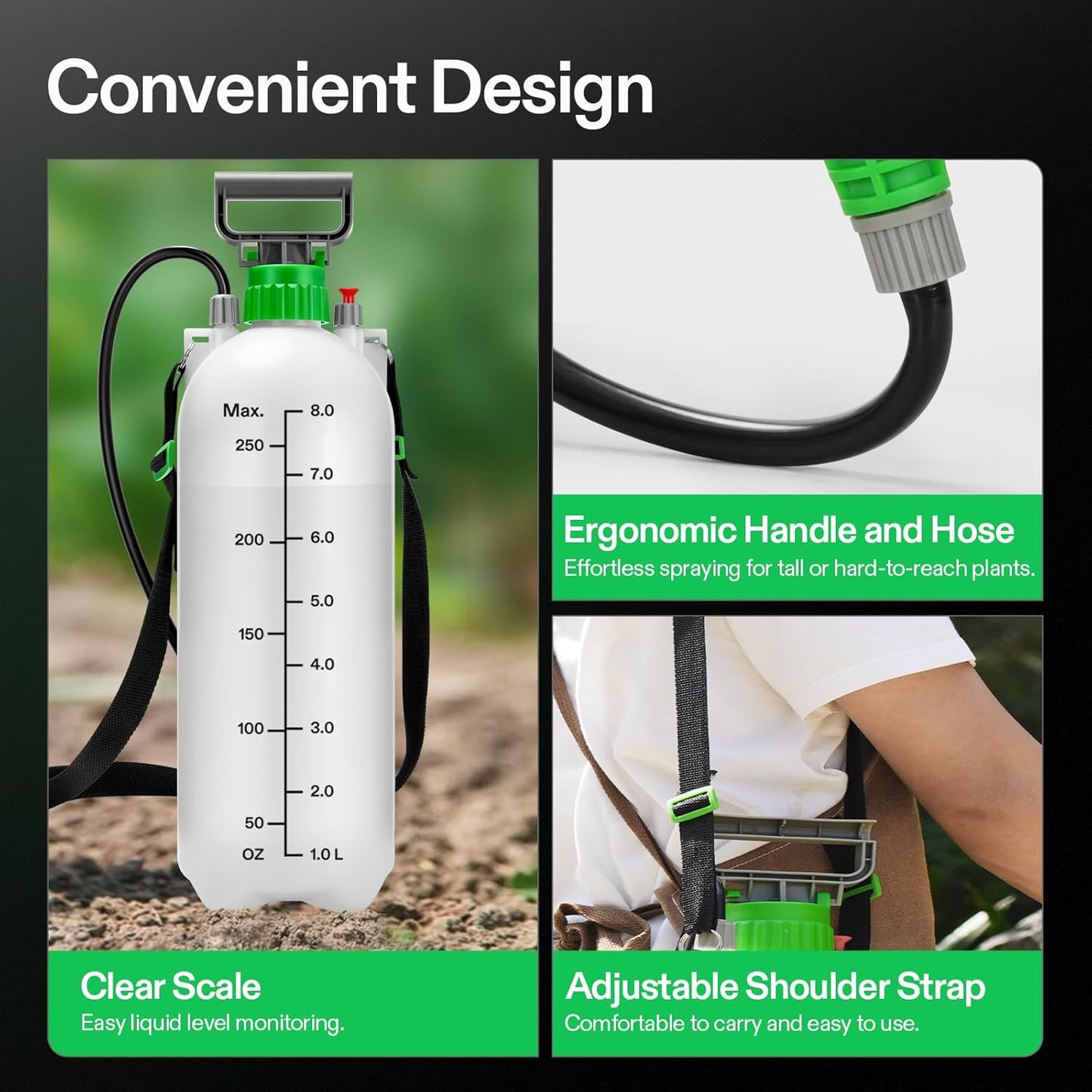 VIVOSUN 2.1 Gal/8L Pump Sprayer, Garden Water Sprayer for Plants, Weeds & Lawn Care, with 3 Nozzles, 50'' Long Hose & Pressure Relief Valve