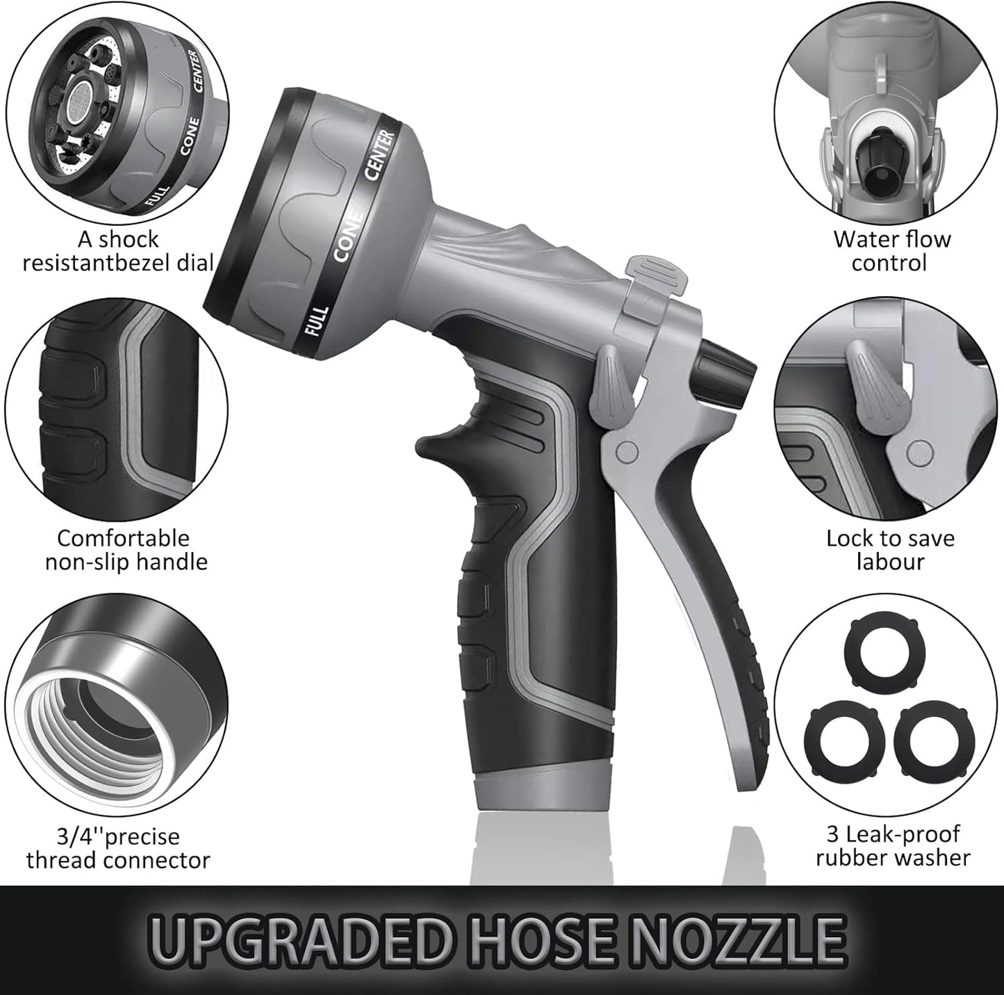 Upgrade Hose Nozzle, 8 Adjustable Watering Patterns, Suitable for Plants/Cars/Pets (Grey)