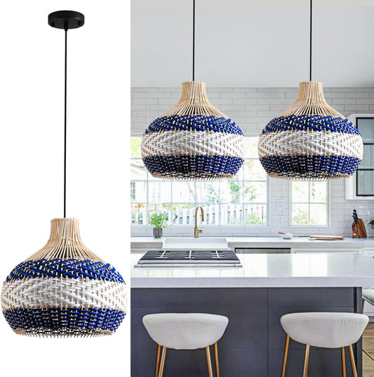 3-Light Rattan Pendant Light 15" Hand-Woven Blue White Wicker Basket Chandelier Boho Faux Rattan Hanging Light,for Living Room Bedroom Kitchen Hallway Dining Farmhouse 1-Pack