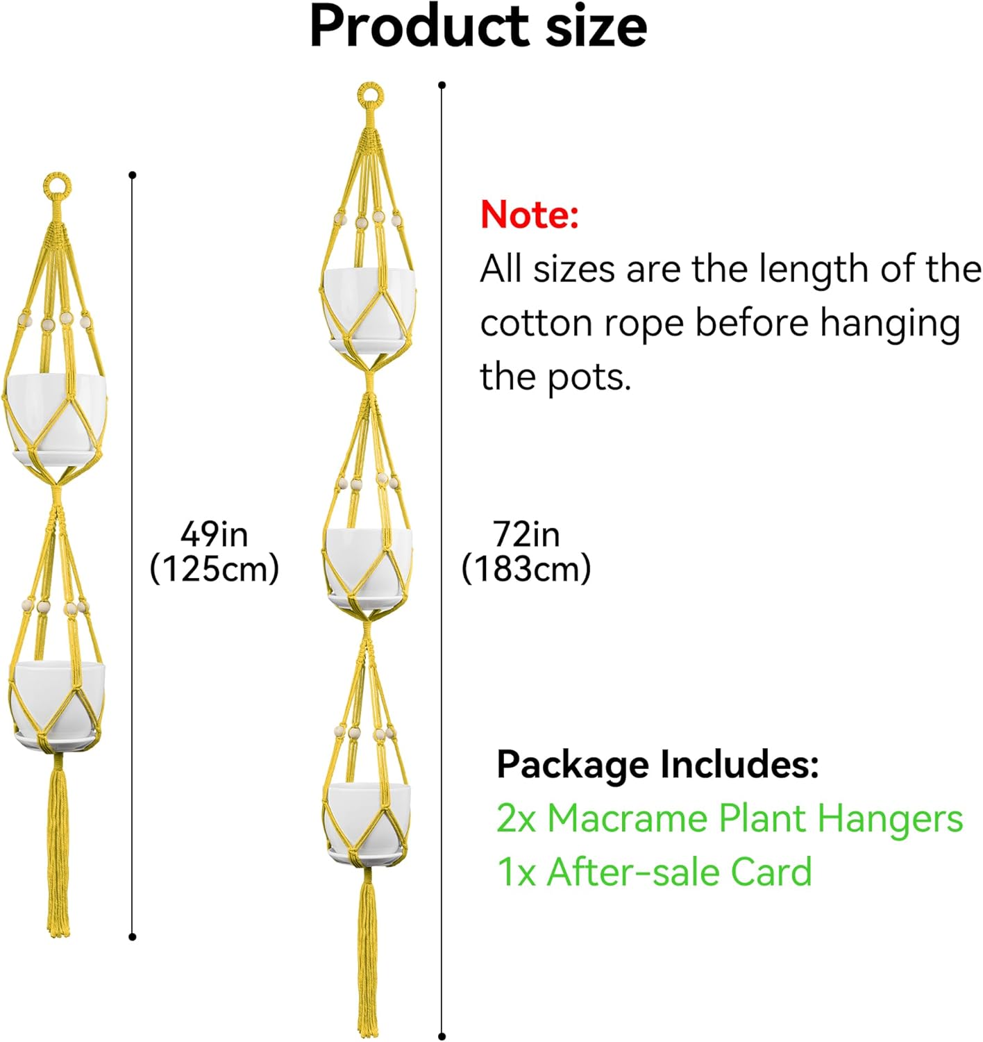 USLAI Macrame Plant Hanger Indoor Outdoor, Up to 4-15 inch Pot, Heavy 20lb Planters, Extra Long Strong Hanging Planter Basket Holder, Boho Home Decor, 49+72 Inch, Yellow (POTS NOT Included)