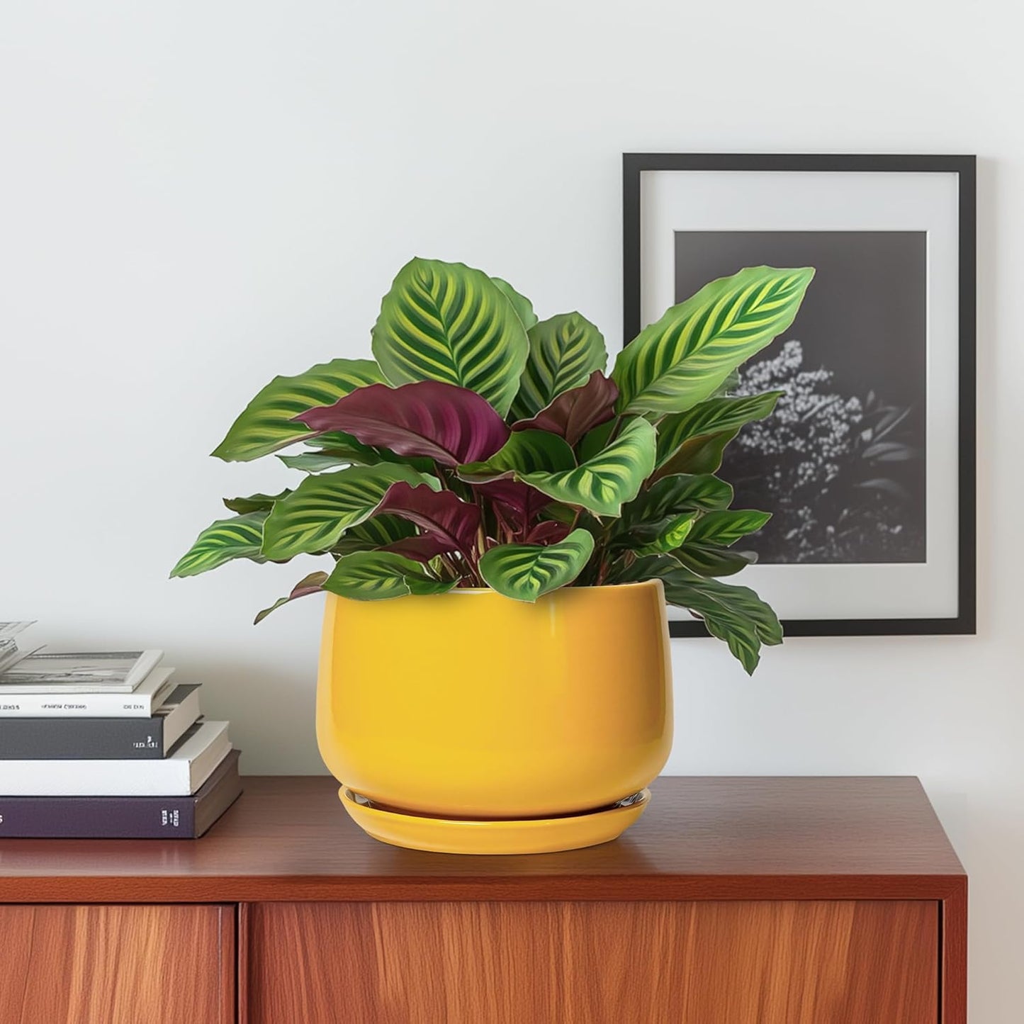 G EPGardening Ceramic Plant Pot - 6 Inch Ceramic Planter with Drainage Hole and Tray, Modern Round Planter, Flower Pot for Indoor Outdoor Plants, Plants Lovers Gifts, House Garden Decor, Yellow