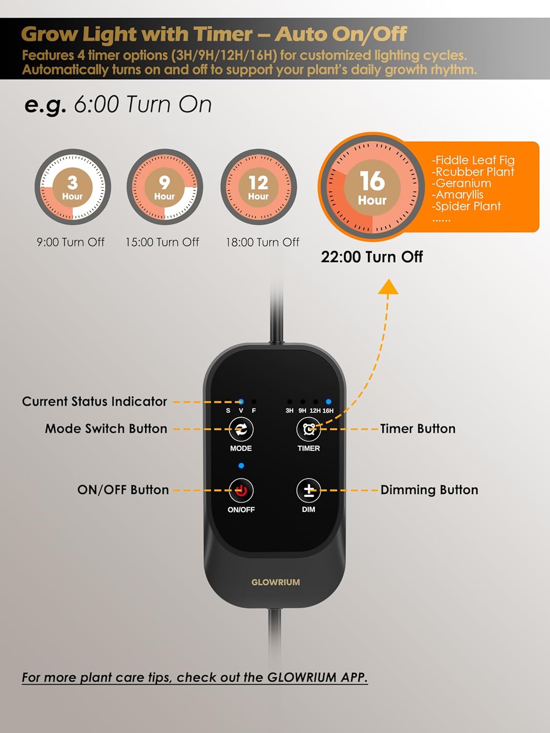 GLOWRIUM Grow Lights for Indoor Plants,Plant Light with 3/9/12/16H Grow Light Timer,2-Head 48W Full Spectrum LED Grow Light, 3 Lighting Mode and Stepless Dimming (Black, 48W)