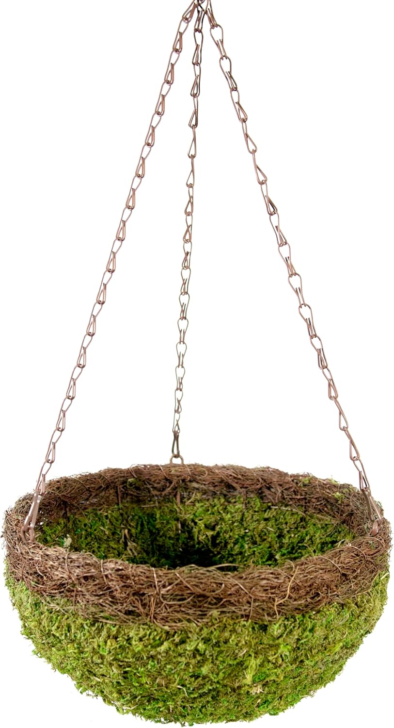 SuperMoss (29205 MossWeave Hanging Basket | Outdoor Hanging Planter with Moss | Decorative Plant Hanger for Porch, Balcony, Garden & Home Décor, Round with Wicker Rim, Large 16.5” D, Green