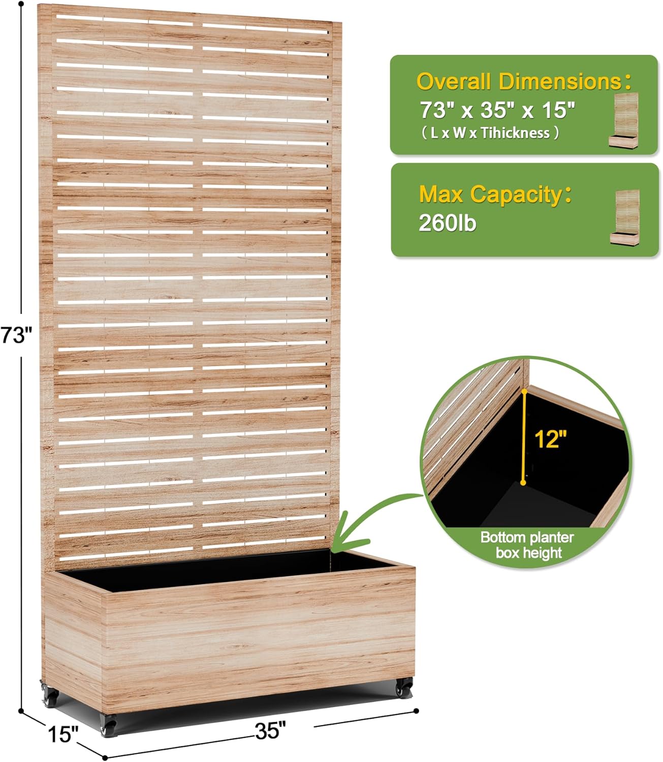 FENCY Metal Raised Garden Bed with Wheels and Trellis,73"x35"x16" Planter Box for Climbing Plants, Vegetables & Vines, Features Privacy Screen and Drainage Holes (Acacia Wood Finish)