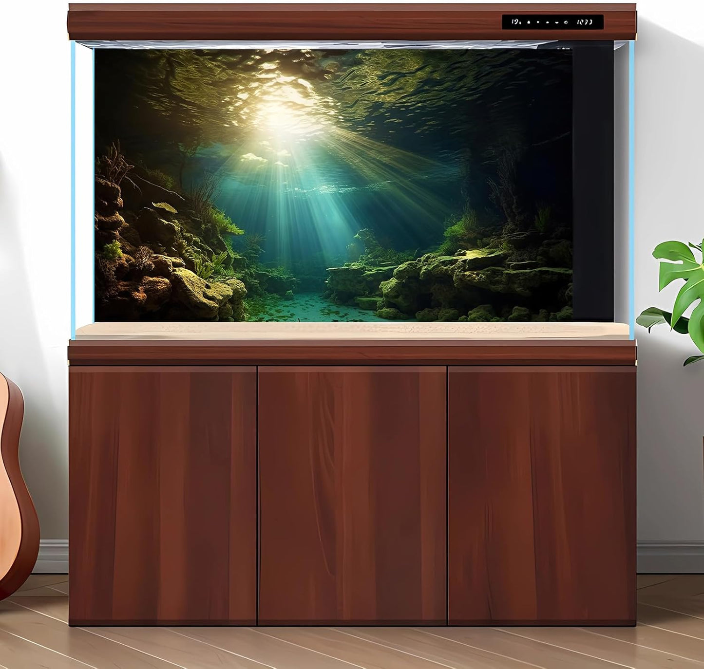 Fish Tank Background Under The Sea Aquarium Background Ocean Floor Sunray Rock Terrarium Backgrounds Coral Reef Aquatic Plants Underwater Cave Aquarium Wallpaper for Fish Tank Decorations 48x18in