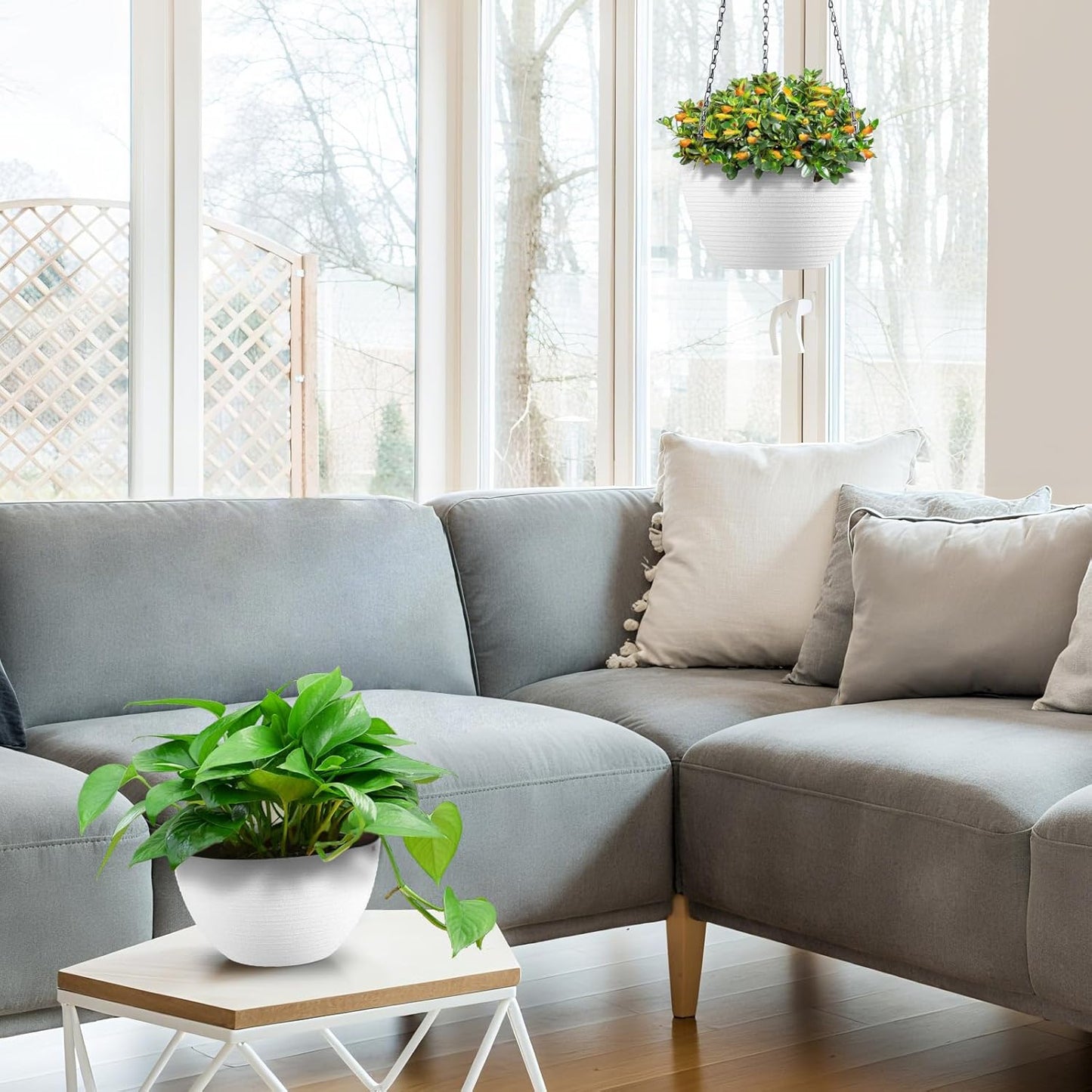 Hanging Planters for Indoor Outdoor Plants, Set of 2 Self Watering Hanging Pots with Drainage Hole & Plug and 20" Chain & Hooks