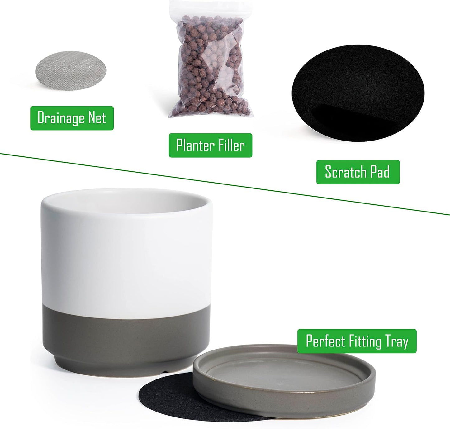 D'vine Dev Ceramic Planter Pot with Drainage Hole and Saucer, Indoor Cylinder Round Flower Pot, 4.6 Inch, White/Speckled Grey, 94-O-B-6