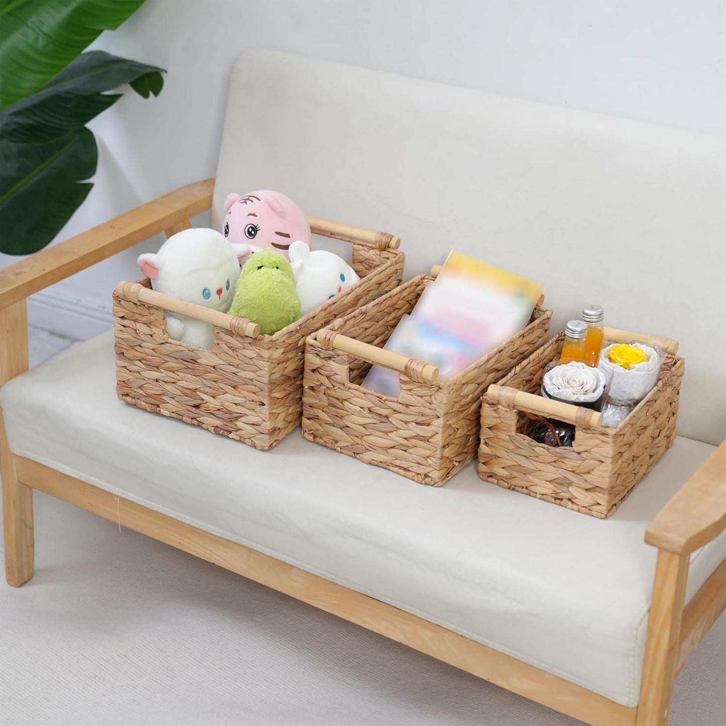 Handmade Water Hyacinth Woven Storage Baskets with Wooden Handles, Rectangle Rustic Organizer Set for Home Decor, Kitchen, Bedroom & Office (Set of 3)