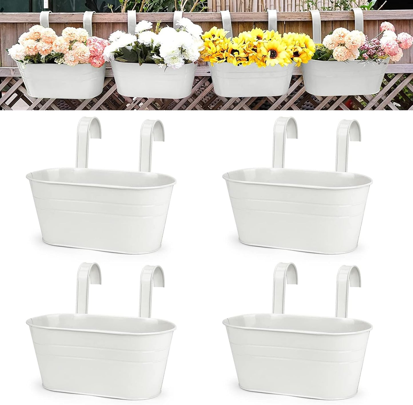 OGIMA 4pcs Hanging Flower Pots, Metal Iron Wall Planter Indoor/Outdoor for Railing Fence Balcony Garden Home Decoration with Detachable Hooks