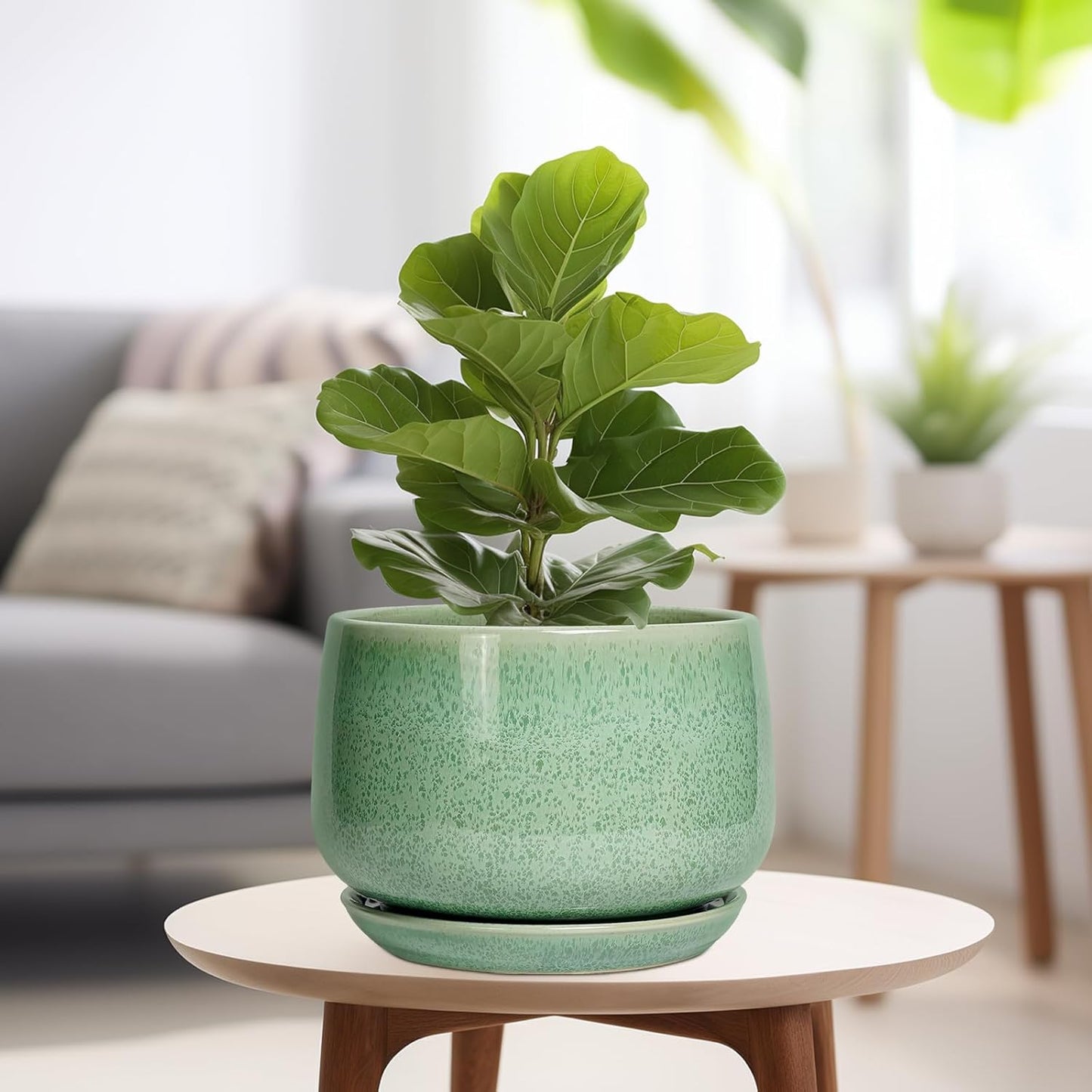 G EPGardening Ceramic Planter - 9 Inch Plant Pot with Drainage Hole and Saucer, Modern Round Planter, Flower Pot for Indoor Outdoor Plants, Garen House Room Decor, Housewarming Gifts, Green