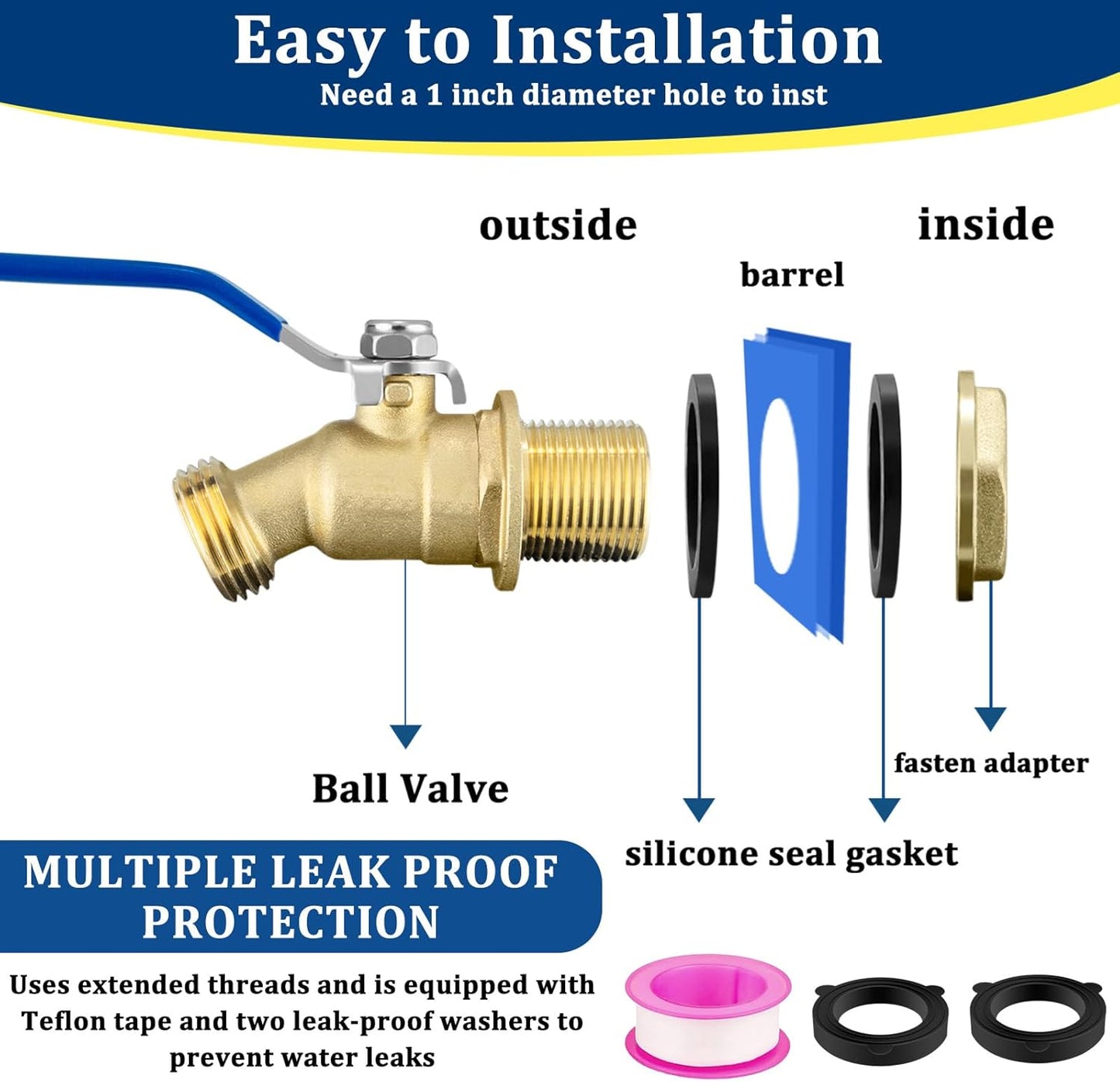 Brass Rain Barrel Spigot Kit 3/4" GHT Brass Water Container Spigot Kit, 3/4" GHT Male Threaded Quarter Turn Ball Valve with Bulkhead Fitting for Garden Hose Thread Connection